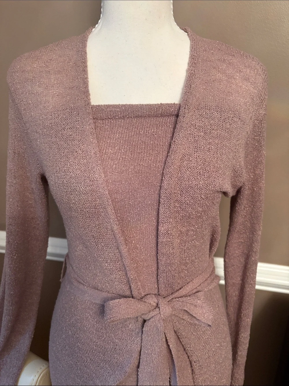 Free People Blush Taupe Knit Midi Dress with Tie-Waist Cardigan